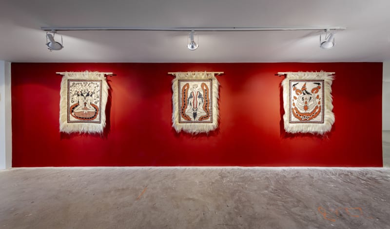 Citra Sasmita, (left to right) “Esoteric Dance 1,” “Esoteric Dance,” “Esoteric Dance 3” (all 2024), on view at 32 Lisgar as part of the Toronto Biennial of Art, 2024; commissioned by the Toronto Biennial of Art. Image courtesy of Hyperallergic.