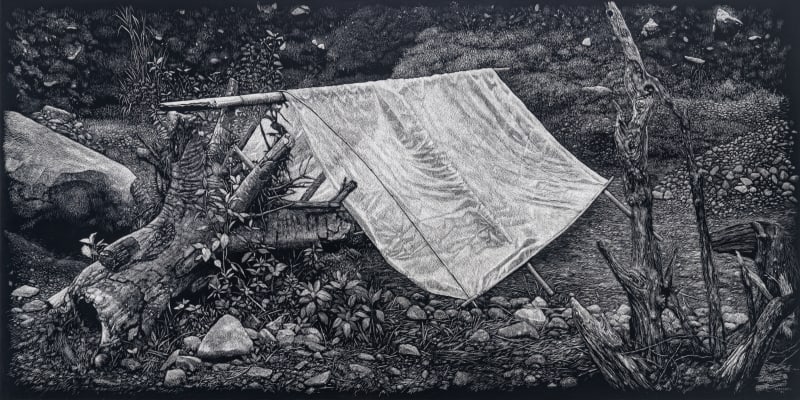 Maryanto, Sand Miner Bivouac, 2021, scratching, acrylic on canvas, 200 x 100 cm