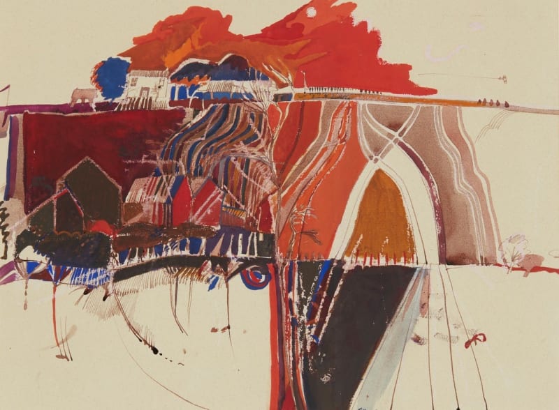 Barbara Rae CBE RA RSA (1943- ): Farm, 1972, 36x49.5cm, watercolour and gouache