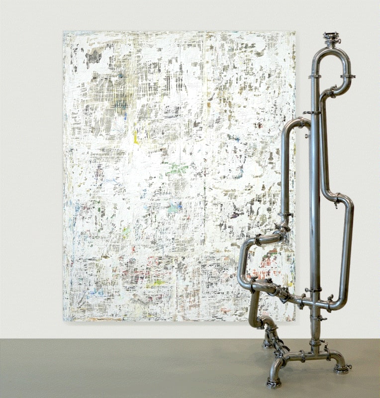 Dino Chatila. Untitled, mixed media on linen, 150x120x3,5 cm | Mathieu Zurstrassen. "Over the Atlantic Radio Greetings", stainless steel pipes, electronics, 208x70x75cm