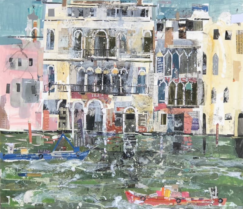 Water Traffic - Ca' da Mosto, mixed media collage on board, 12 x 13 1/2 in / 30 x 34.5 cm