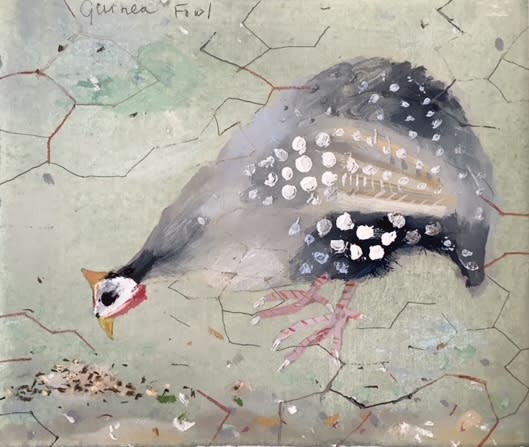 Guinea Fowl, gouache & acrylic on handmade paper, 8 1/2 x 10 1/2 in / 21.5 x 26.5 cm