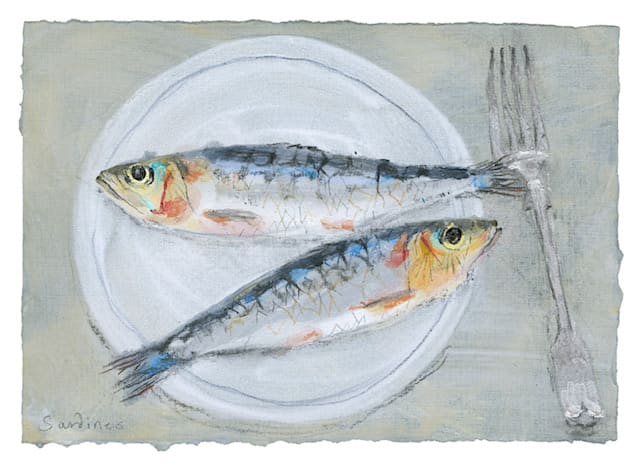 Sardines & Fork, oil & pastel on handmade paper, 8 x 11 in / 20 x 28 cm