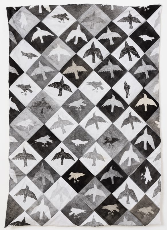 "Flock", 2022, Monoprint on found fabric, quilting, ©Track16 ©Camilla Taylor