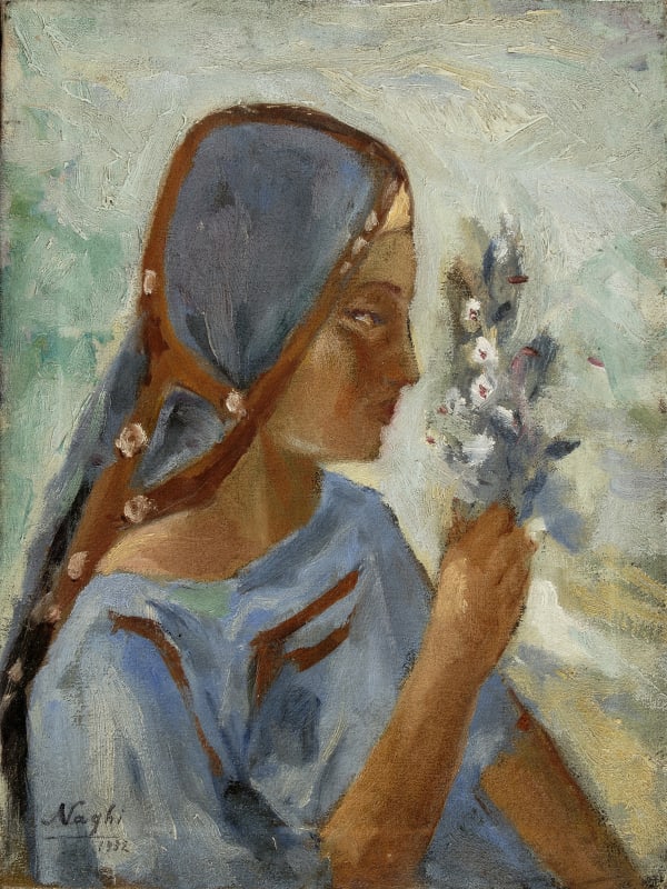 Mohamed Naghi (1888-1956), Peasant with Bean Flower, 1932, oil on wood, 25 x 18cm, signed & dated.