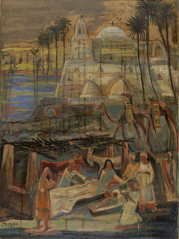 Ragheb Ayad (1892-1982), La Nativité, 1961, oil on wood, 75 x 70cm, signed & dated.