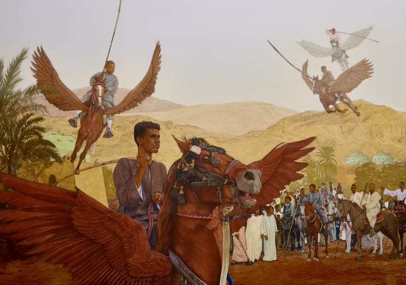 Ahmed Saber, Al Maqam, 2021, black pen & gold leaf on paper, 80 x 120cm, signed & dated.