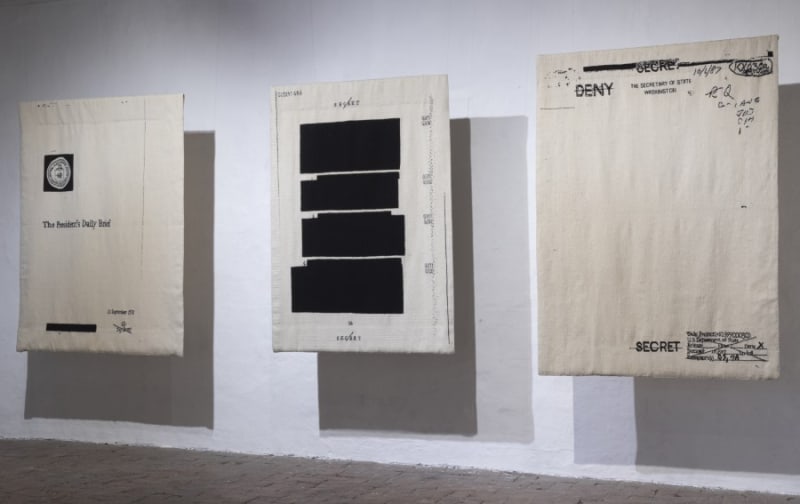 Joaquín Segura, Cancelaciones y encubrimientos #1, 2012, #2, 2015 #4, 2019, hand woven tapestries @ Taller de Gobelinos de Guadalajara.