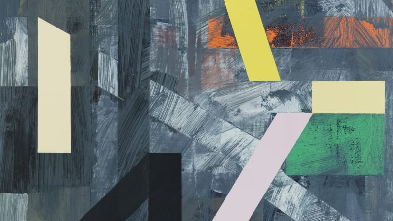 Detail of Andrew Bick, Variant t-s [detail], STORMY, 2016-2018, Acrylic, pencil, oil, watercolour, and wax medium on linen on wood, 76 x 64 x 3.5 cm, 29 7/8 x 25 1/4 x 1 3/8 in