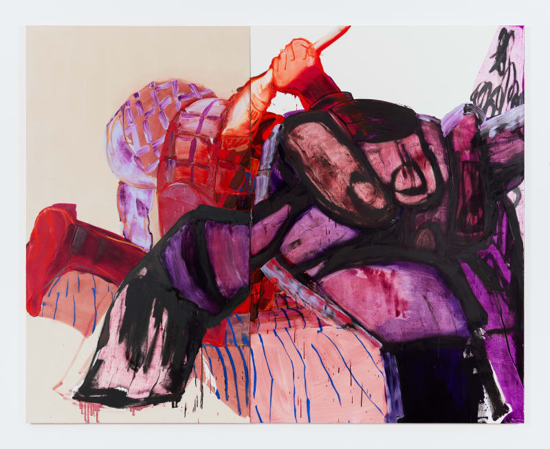 Large painting in two (2) parts featuring bright pinks, magentas, reds and purples, with ambiguous shapes outlined with deep grey and black. The top left section is left raw.