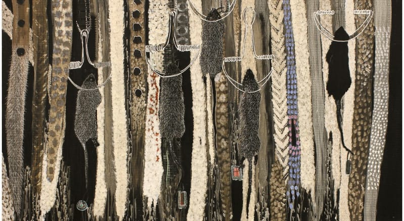 Omar Ba, Constat 2, 2013, Oil, gouache, ink and pencil on corrugated carton, 200.4 x 150.3 cm, 78 7/8 x 59 1/8 in, Framed: 209.8 x 159.6 x 4.6 cm, 82 5/8 x 62 7/8 x 1 3/4 in