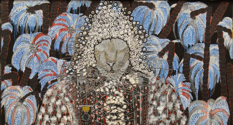 Detail of Omar Ba, Afrique, Pillage, Arbres, Richesses, 2014, Oil, gouache, ink, and pencil on corrugated carton, 199 x 150 cm, 78 3/8 x 59 1/8 in