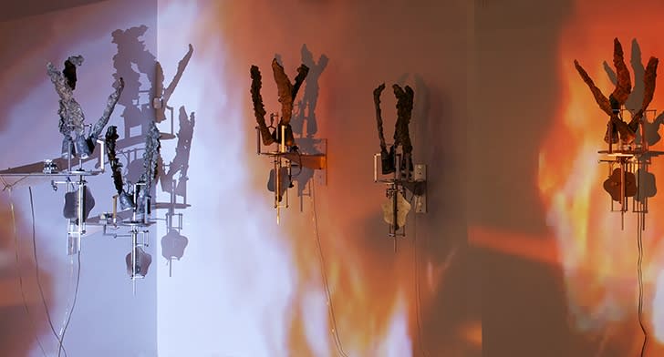 Carolee Schneemann, Flange 6rpm, 2011-2013, Foundry poured aluminum sculptures, motors 6rpm and projection, 48 x 28 x 36 in, 121.92 x 71.12 x 91.44 cm