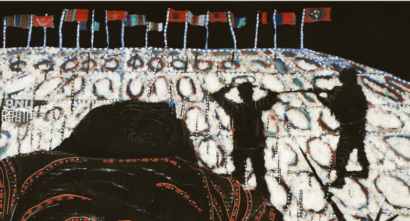 Detail of Omar Ba, Afrique, Afrique, Afrique, 2014, Oil, gouache, ink, and pencil on corrugated card, 190 x 143 cm, 74 3/4 x 56 1/4 in