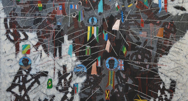 Detail of Omar Ba, Here Africa, 2015, oil, acrylic and crayons on cardboard, 200 x 130 cm