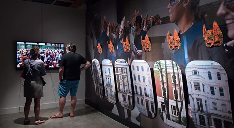 Installation view of Hew Locke, Give and Take, 2014, Performance with 6 drummers and 54 performers, Co-commissioned by CAC New Orleans and Claire Tancons