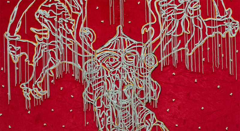 Detail of Hew Locke, Drummer Boy, 2016, Cord and bead embroidery on velvet, 242 x 188 cm, 96 1/8 x 74 1/8 in