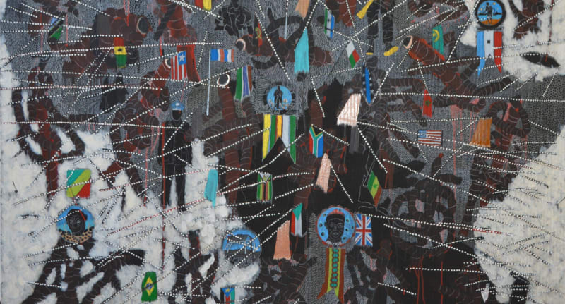 Detail of Omar Ba, Here Africa, 2015, oil, acrylic and crayons on cardboard, 200 x 130 cm