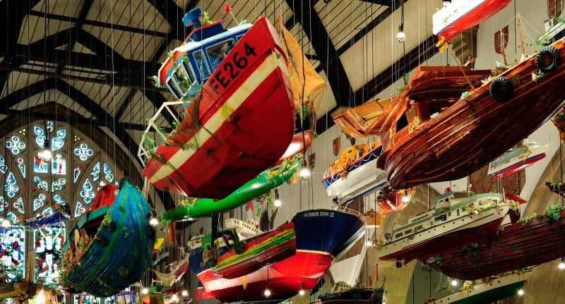 Installation view of Hew Locke, For Those in Peril on the Sea at Peréz Museum Miami