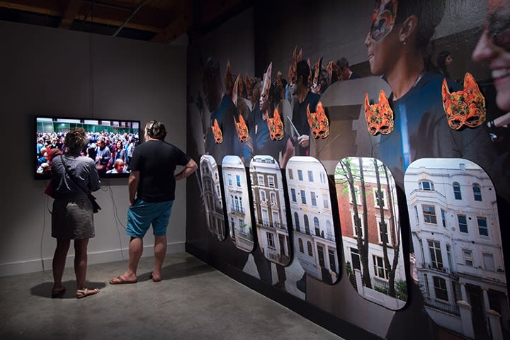 Installation view of Hew Locke, Give and Take, 2014, Performance with 6 drummers and 54 performers, Co-commissioned by CAC New Orleans and Claire Tancons