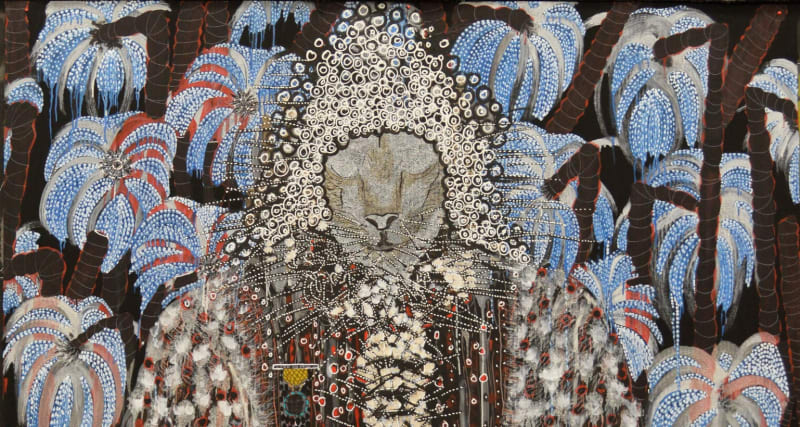 Detail of Omar Ba, Afrique, Pillage, Arbres, Richesses, 2014, Oil, gouache, ink, and pencil on corrugated carton, 199 x 150 cm, 78 3/8 x 59 1/8 in