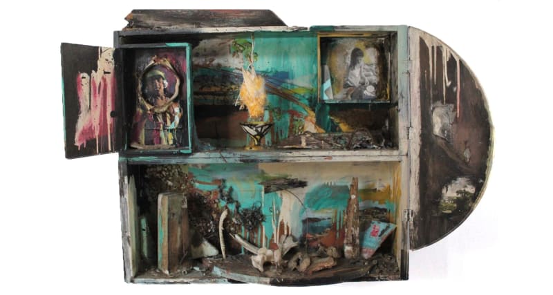 Carolee Schneemann, Native Beauties, 1963-1964, Wood, photographs, glass, bones, 104.1 x 66 x 14 cm, 41 x 26 x 5 1/2 in