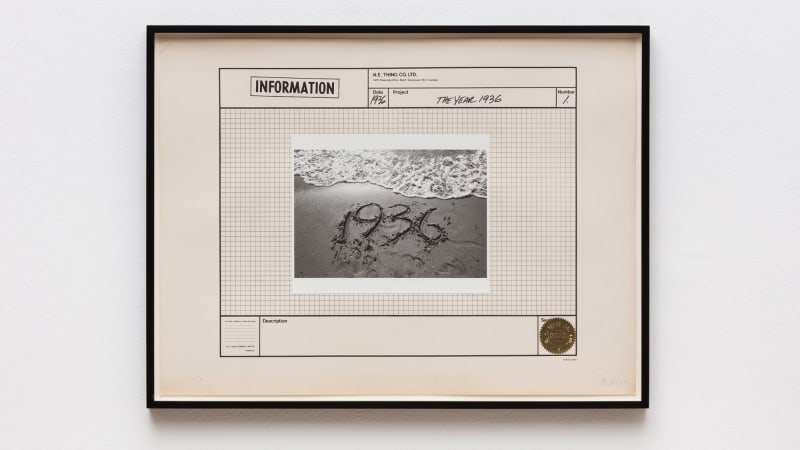 IAIN BAXTER& / N.E.Thing Co., The Year 1936, 1970, Silver gelatin print, ink, paper, foil seal, and offset lithograph on paper, 45 x 60.5 cm, 17 3/4 x 23 7/8 in, Framed: 49 x 64.3 x 3 cm, 19 1/4 x 25 1/4 x 1 1/8 in