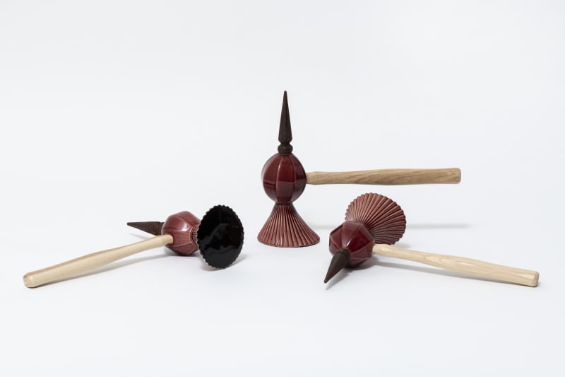 Richard Slee, Three Hammers, 2016, Glazed ceramic with wood hammer handles and cast iron in three (3) parts, 26 x 36 x 10.5 cm, 26.5 x 36 x 10 cm, 27 x 36 x 10 cm, Photo by Damian Griffiths, Installation view 1