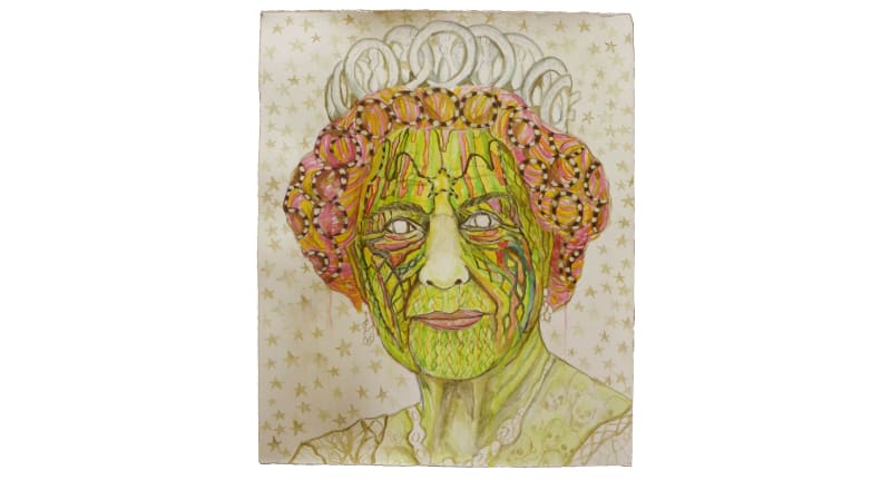 Hew Locke, Corona Queen 5, 2020, Pencil, acrylic, and watercolour on paper, 35 x 45.5 cm