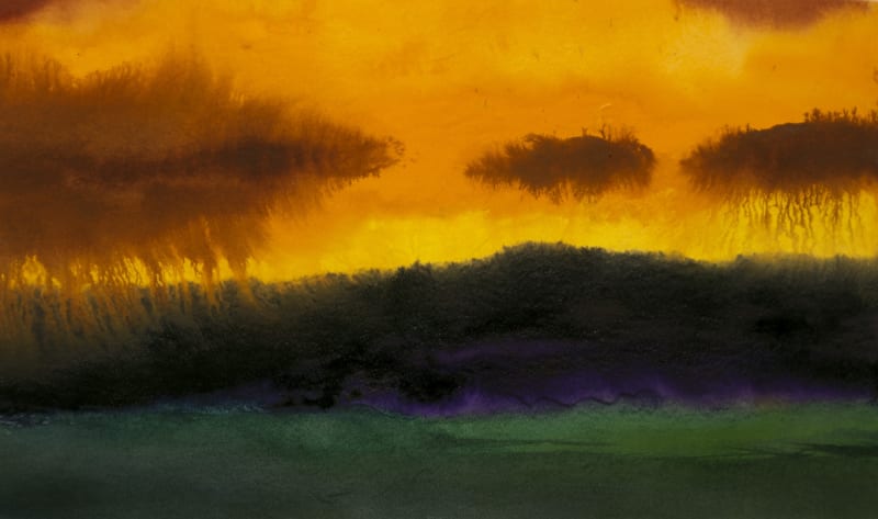 Herbert Beck, Landscape with Dark Orange Sky East Lambrook Somerset TA13 5HH, Landscape with Dark Orange Sky, c. 1990, watercolour on paper, 10 1/4 x 16 1/2 ins, 26 x 42 cm