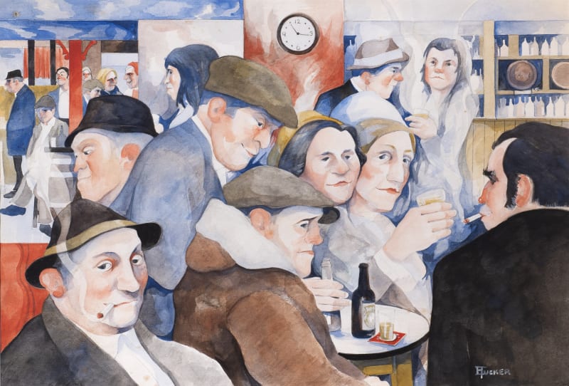 Eric Tucker, 'The 11.15 Gang', watercolour and pencil on paper, 15 x 21 5/8 ins, 38 x 55 cm