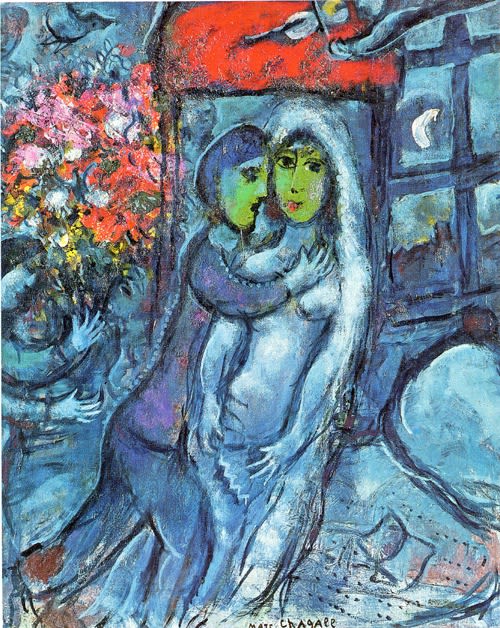 Marc Chagall, Les Amoureux au Visage Vert, 1964, oil on canvas, 18 1/4 x 15 ins, 46.3 x 38 cm