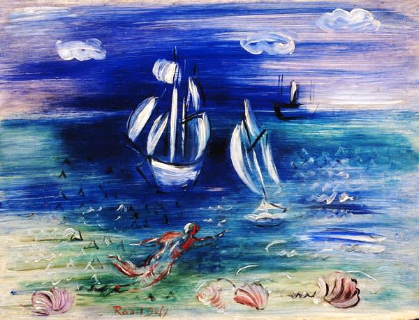 Raoul Dufy, Baigneuses aux deux voiliers, c. 1946, oil on panel, 8 x 11 ins, 21.5 x 28.5 cm