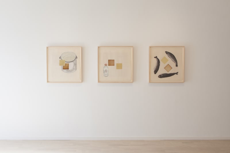 Three Jennifer Bartlett "Homan-ji" paintings on handmade mulberry paper, featuring neutral grounds and darker objects.