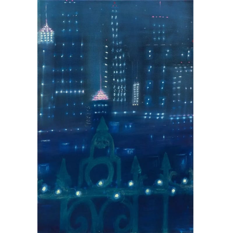 A Kathryn Lynch painting of a blue cityscape looking from Brooklyn over the East River towards Manhattan.