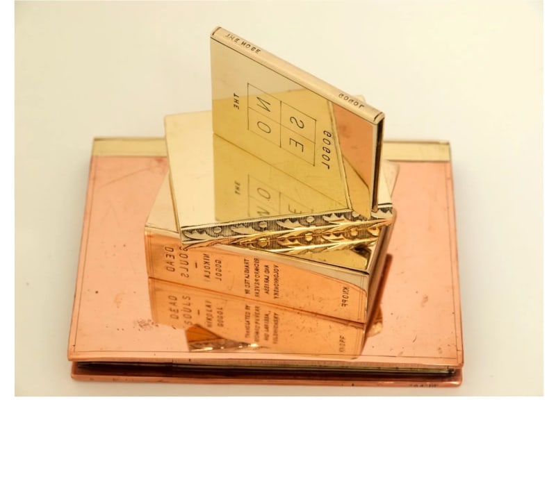 Christopher Hewat, "C.850," 2009, copper, bronze, brass, 4 3/4 x 6 1/4 x 4 7/8 inches, base: 1 x 9 7/8 x 7 1/2 inches, (four stacked books, including "Dead Souls" and "The Nose").