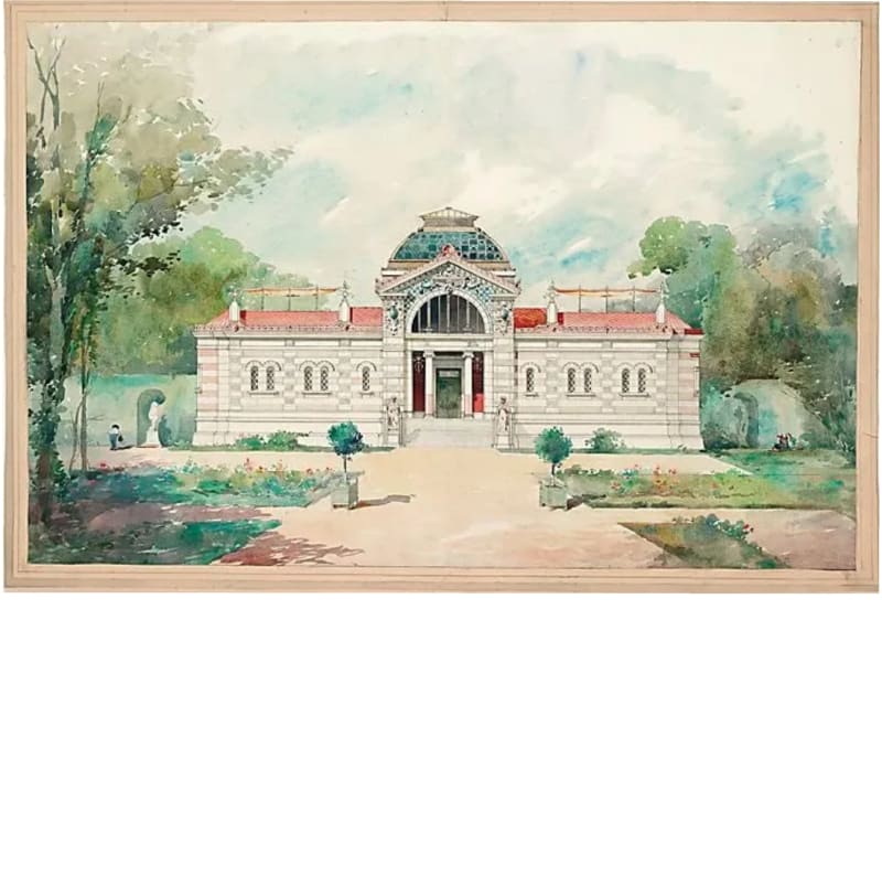 Jules-Germain Olivier, UN EDIFICE DE BAINS: ELÉVATION PRINCIPALE AVEC ENVIRONNEMENT DE CIEL, JARDINS ET ARBRES, c. 1890, watercolor on paper, 33 3/4 x 46 3/4 inches
