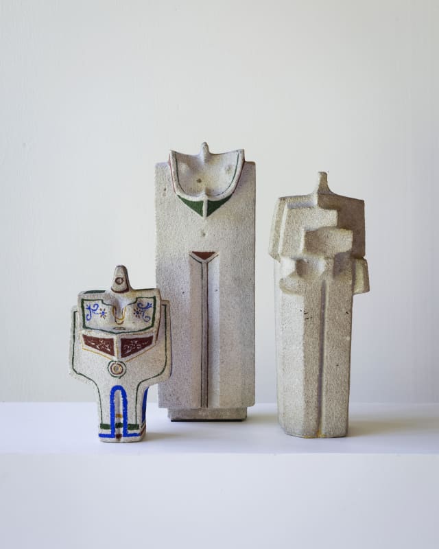 Three Costantino Nivola concrete sculptures set up as a trio.
