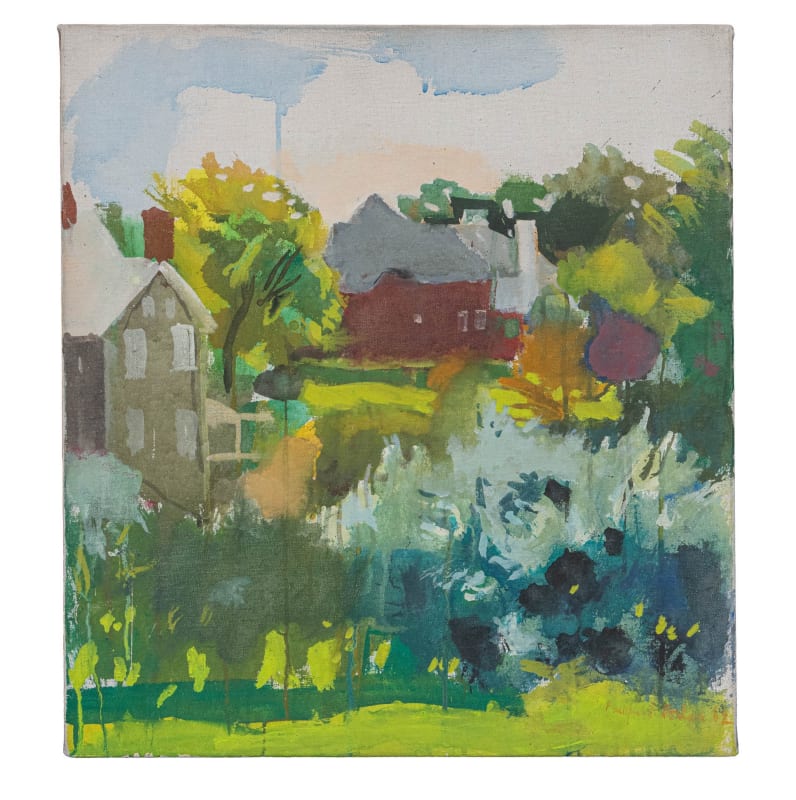 A Fairfield Porter painting of a suburban scene of homes surrounded by lush greenery.
