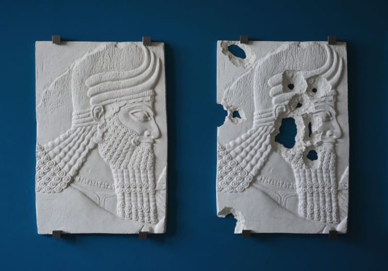 Piers Secunda's ISIS Bullet Hole Painting (Assyrian Head) (2015)