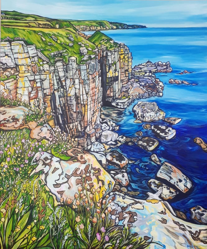 a painting of cliff top flowers, rocks and sea in Caithness