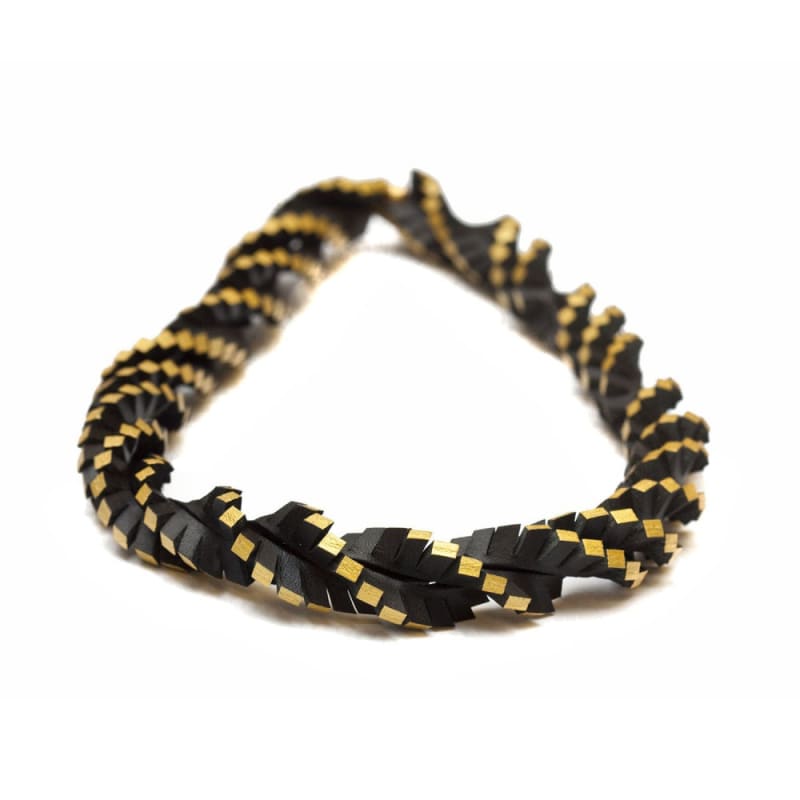 Tania Clarke Hall Twisted Up Necklace - Black & Gold, 2022 Hand cut leather, gold coloured edge dye, oxidized silver magnetic clasp L: 47 cm W: 1.5 cm