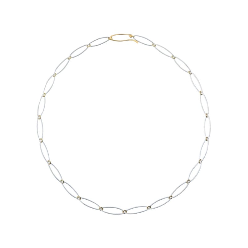 Hendrike Barz-Meltzer Timeless Necklace With Elegant Links, 2021 Recycled silver Recycled 24ct gold & solid 18ct single mine origin (SMO) (Korean Keum-Boo technique – a heat-bonding process of silver and pure gold) Gold for the small jump rings & clasp Size of each element: 17 x 5mm Length of necklace: 41.5cm