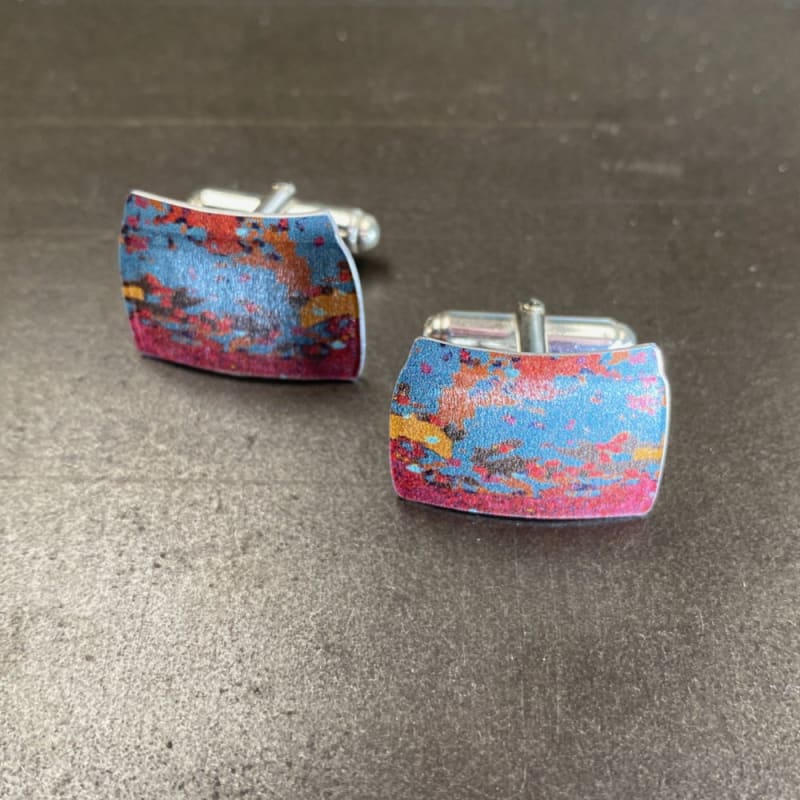 Jane Adam Red Oblong Cufflinks, 2021 Anodised, dyed and textured aluminum, silver backs UC1 H1.5 x W2 x D2 cm