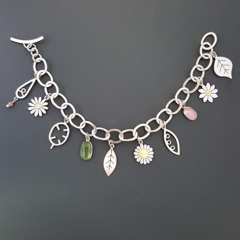 Diana Greenwood Summer Garden Bracelet, 2022 Sterling Silver, 18ct gold, pink and green tourmalines A stunning one of a kind bracelet which would make an extra-special gift.