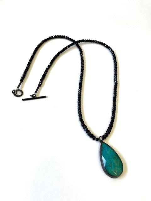 Daphne Krinos Necklace, 2022 Oxidised silver, black spinel beads, chrysocolla with rock crystal, diamond.