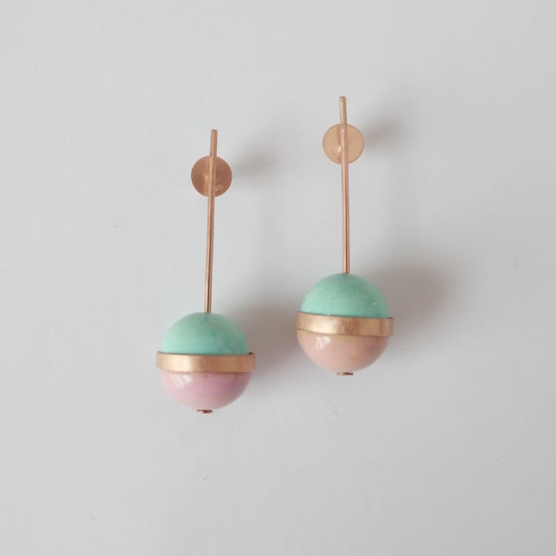 Mara Irsara Planet Earrings - Spring, 2022 Silver rose gold plated, turquoise ename, on silver, pink enamel on copper. H5 x W2 cm