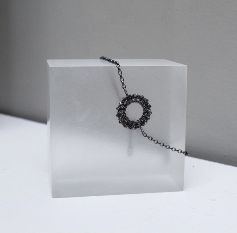 Teri Howes Bracelet - circle, 2017 black diamonds, silver, black rhodium plaited chain 7.5cm 1.5cm x 2.2cm