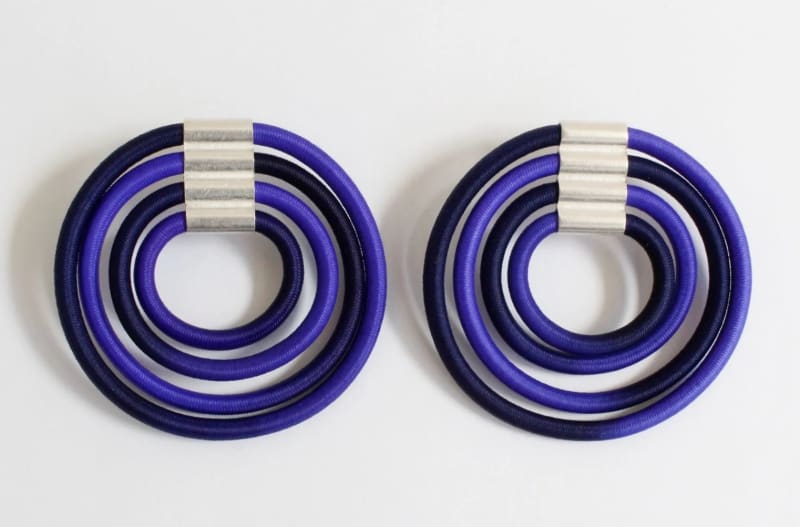 Gilly Langton Royal Navy Spin earrings made from silver and elastic.