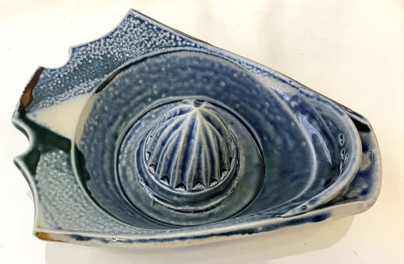 Peter Meanley Lemon Squeezer - Blue, 2020 Salt glazed lemon squeezer with a grill to catch pips. Potter's seal mark and date made H4 x W18 x D15cm